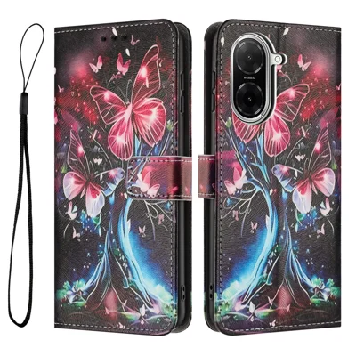 YX-2501 til Xiaomi Redmi A5 4G (171,7 mm) / Poco C71 4G Taske med Mønstertryk i PU-læder, Wallet-taske med Snor - Butterfly Tree