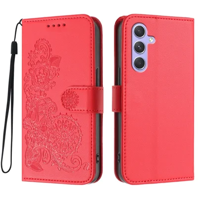 For Samsung Galaxy A55 5G Phone Cases Mandala Flower Leather Wallet Mobile Cover with Strap - Red