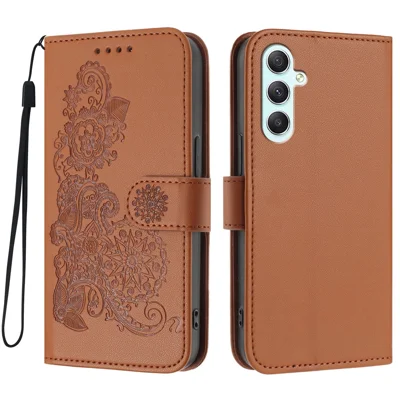 For Samsung Galaxy A35 5G Phone Cases Mandala Flower Leather Wallet Mobile Cover with Strap - Coffee
