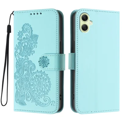 For Samsung Galaxy A06 5G / Galaxy A06 4G Phone Cases Mandala Flower Leather Wallet Mobile Cover with Strap - Light Blue