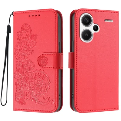 For Xiaomi Redmi Note 13 Pro+ 5G Phone Cases Mandala Flower Leather Wallet Mobile Cover with Strap - Red