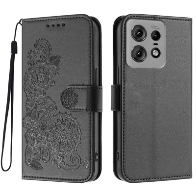 For Motorola Edge 50 Pro 5G Phone Cases Mandala Flower Leather Wallet Mobile Cover with Strap - Black