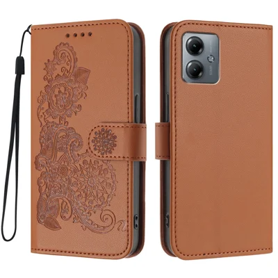 For Motorola Moto G54 5G / Motorola Moto G54 (China) 5G / Motorola Moto G73 5G / Motorola Moto G14 4G Phone Cases Mandala Flower Leather Wallet Mobile Cover with Strap - Coffee