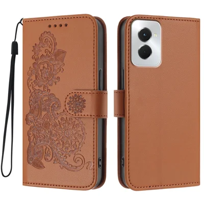 For Motorola Moto G Power (2024) Phone Cases Mandala Flower Leather Wallet Mobile Cover with Strap - Coffee