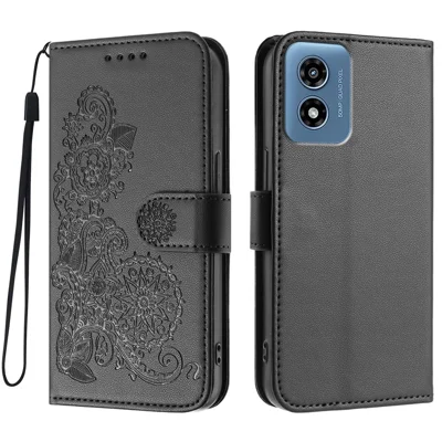 For Motorola Moto G Play (2024) 4G Phone Cases Mandala Flower Leather Wallet Mobile Cover with Strap - Black