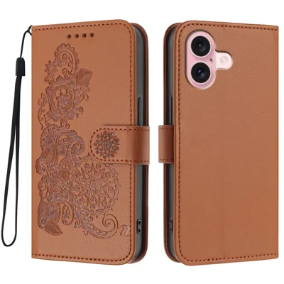 For iPhone 16 Phone Cases Mandala Flower Leather Wallet Mobile Cover with Strap - Coffee
