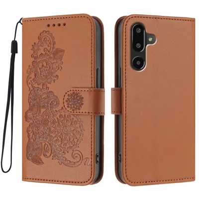 Til Samsung Galaxy M16 5G / Galaxy F16 5G telefonbeskyttere med mandala-blomsterdesign i læderwallet med rem - Kaffe