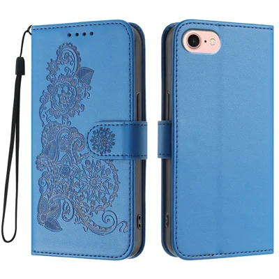 For iPhone 16e Hoesjes met Mandala Bloemenmotief in Kunstleer Portefeuillehoes met Bandje - Koningsblauw