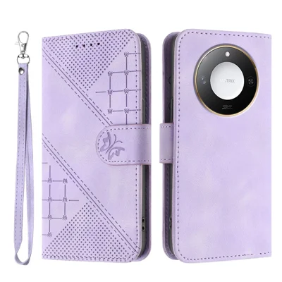 For Honor X9c Smart 5G / Honor X60 5G Leather Wallet Case Butterfly Flower Imprinted Phone Cover with Strap - Purple