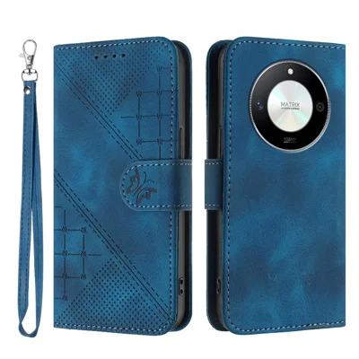 For Honor Magic6 Lite 5G / Honor X9b 5G / Honor X50 5G Leather Wallet Case Butterfly Flower Imprinted Phone Cover with Strap - Royal Blue