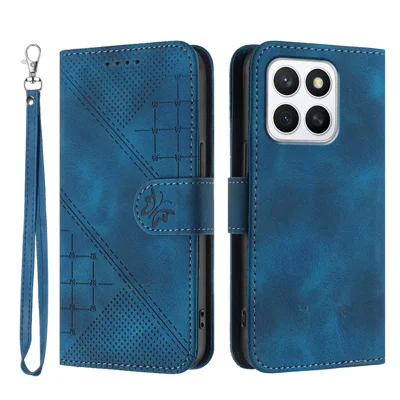 For Honor X8b 4G / Honor X8c 4G Leather Wallet Case Butterfly Flower Imprinted Phone Cover with Strap - Royal Blue