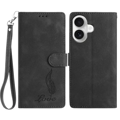 For iPhone 16 Case Imprinted Feather PU Leather Wallet Phone Cover with Wrist Strap - Black