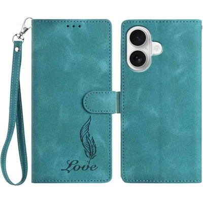 Voor iPhone 16 Plus hoesje met afdruk van veer, portemonnee hoesje van PU leer met polsbandje - Groen