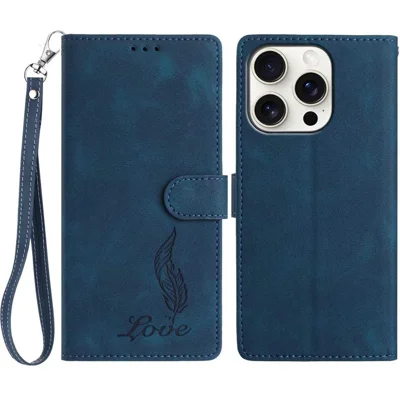 For iPhone 15 Pro Max Case Imprinted Feather PU Leather Wallet Phone Cover with Wrist Strap - Dark Blue