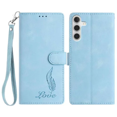 For Samsung Galaxy A16 4G / 5G Case Imprinted Feather PU Leather Wallet Phone Cover with Wrist Strap - Sky Blue