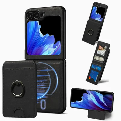 For Samsung Galaxy Z Flip7 FE 5G / Z Flip6 5G Magnetic Case PC + PU Phone Back Cover with Detachable Card Holder - Black