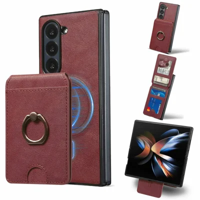 For Samsung Galaxy Z Fold6 5G Magnetic Case PC + PU Phone Back Cover with Detachable Card Holder - Red