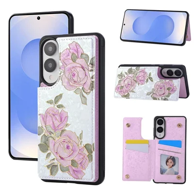 For Samsung Galaxy S25 Edge Case Flower Leather TPU RFID Blocking Phone Cover Card Slots - Rose Flower