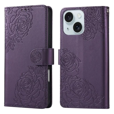 For iPhone 15 Plus / 14 Plus Case Rose Flower PU Leather Wallet Phone Cover with 3 Card Slots - Dark Purple