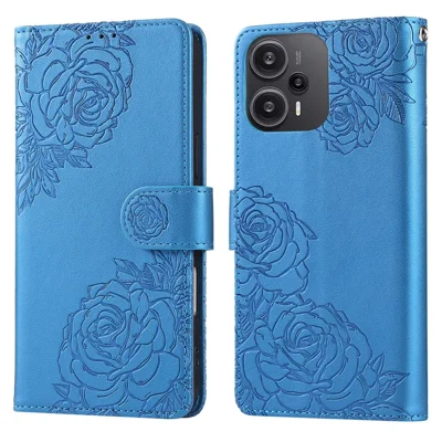 For Xiaomi Redmi Note 12 Turbo / Poco F5 5G Case Rose Flower PU Leather Wallet Phone Cover with 3 Card Slots - Blue