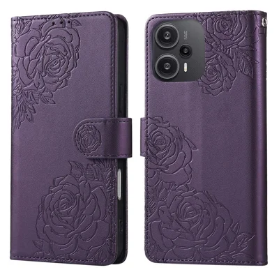 For Xiaomi Redmi Note 12 Turbo / Poco F5 5G Case Rose Flower PU Leather Wallet Phone Cover with 3 Card Slots - Dark Purple