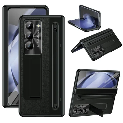 For Samsung Galaxy Z Fold6 5G Case Electroplating Edge PC + PU + Glass Film Phone Cover with Stylus - Black
