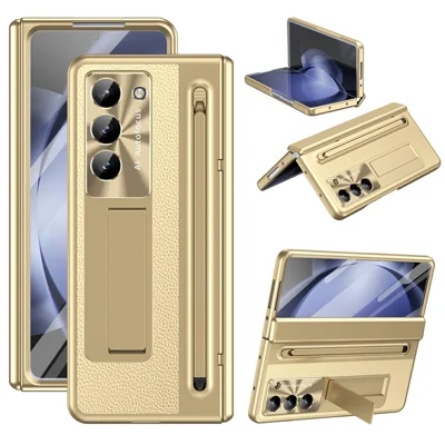 For Samsung Galaxy Z Fold6 5G Case UV Edge PC + PU + Glass Film Phone Cover with Stylus - Gold