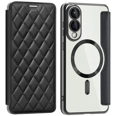 For Samsung Galaxy S25 Edge Magnetic Case Rhombus PU Leather Phone Cover - Black