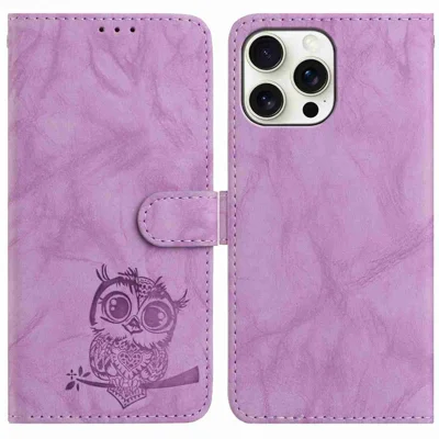 For iPhone 15 Pro Max Case Owl Imprinted PU Leather Wallet Phone Cover with Wrist Strap - Purple