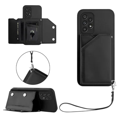For Samsung Galaxy A53 5G Case Card Holder Kickstand Skin-Touch Phone Cover with Wrist Strap - Black