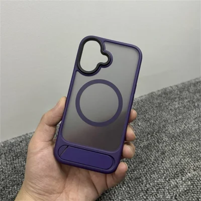 For iPhone 16 Magnetic Case with Kickstand Drop Proof PC + TPU Phone Back Cover - Purple