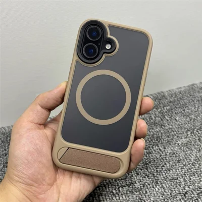 For iPhone 16 Plus Magnetic Case with Kickstand Drop Proof PC + TPU Phone Back Cover - Gold