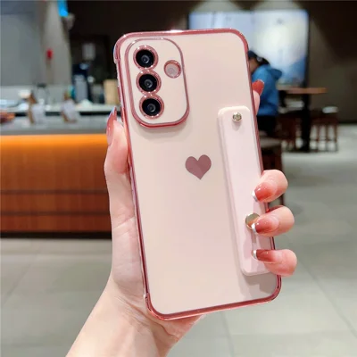 Samsung Galaxy A55 5G-hoes met stripstandaard, geëmailleerde rand, liefdeshart, zachte TPU-telefoonhoes - Roze