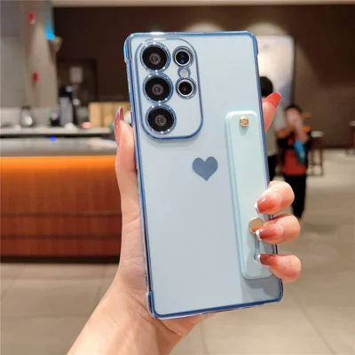 For Samsung Galaxy S25 Ultra Case with Strip Kickstand Electroplating Edge Love Heart Soft TPU Phone Cover - Blue