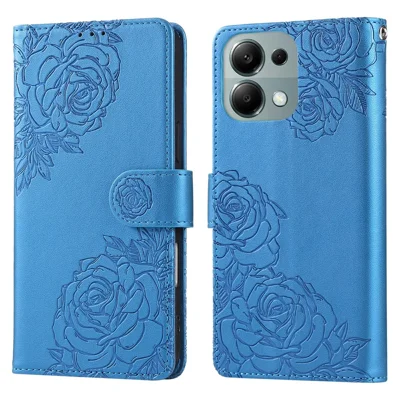For Xiaomi Redmi Note 13 Pro 4G  /  Poco M6 Pro 4G Case Rose Flower PU Leather Wallet Phone Cover with 3 Card Slots - Blue