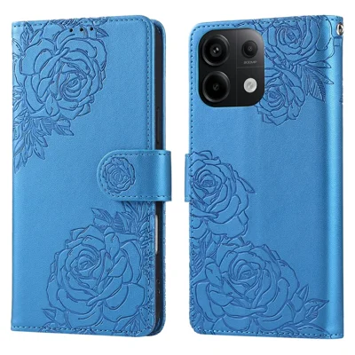 For Xiaomi Redmi Note 13 Pro 5G  /  Poco X6 5G Case Rose Flower PU Leather Wallet Phone Cover with 3 Card Slots - Blue