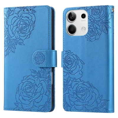 For Xiaomi Redmi Note 13 5G Case Rose Flower PU Leather Wallet Phone Cover with 3 Card Slots - Blue