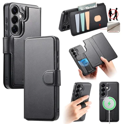 CASENEO For Samsung Galaxy S25 Magnetic Case RFID Blocking Wallet Detachable Leather Phone Cover with Wristband - Black