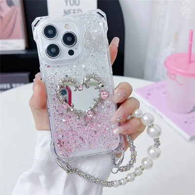 For iPhone 16 Pro Case with Strap, Mirror Epoxy Glitter TPU + Acrylic Phone Back Cover - Pink / White