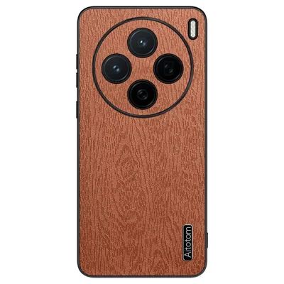 For vivo X200s 5G Case Wood Texture PU Leather Coated PC TPU Phone Cover - Brown