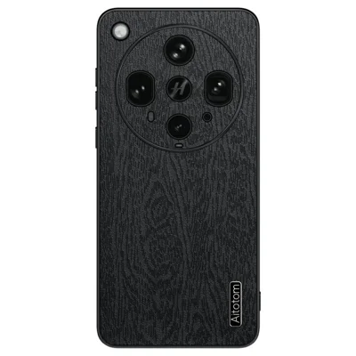 For Oppo Find X8 Ultra 5G Case Wood Texture PU Leather Coated PC TPU Phone Cover - Black