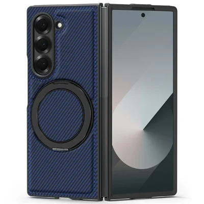 For Samsung Galaxy Z Fold6 5G Magnetic Case Carbon Fiber Texture PU+TPU Kickstand Phone Cover - Sapphire