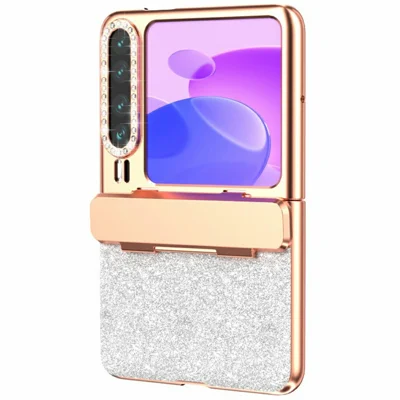 For Huawei Pura X Case Hinge Protection Rhinestone Glitter PC Phone Cover - Silver
