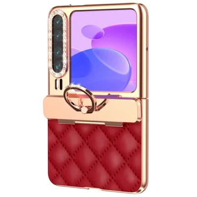 For Huawei Pura X Case with Ring Kickstand Hinge Protection Rhombic Pattern PC + PU Phone Cover - Red