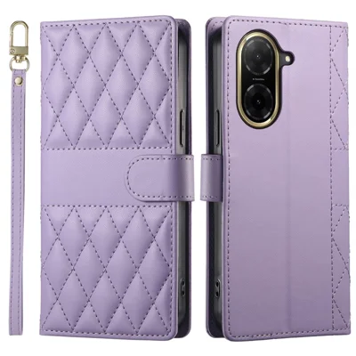 For Xiaomi Redmi A5 4G (171.7mm) / Poco C71 4G Case Rhombus Stitching Wallet Stand Leather Phone Cover with Long  /  Short Strap - Purple