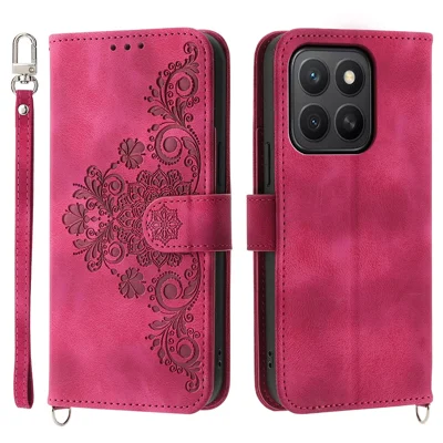 Voor Honor X8c 4G hoesje met bloemenpatroon PU-leer portemonnee telefoonhoes met draagkoord - Wijnrood