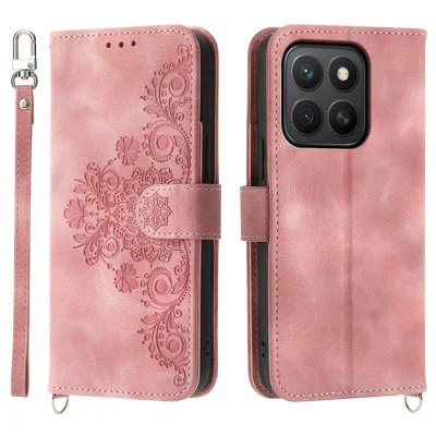 Voor Honor X8c 4G hoesje met bloemenpatroon PU lederen portemonnee telefoonhoes met riem - Roze