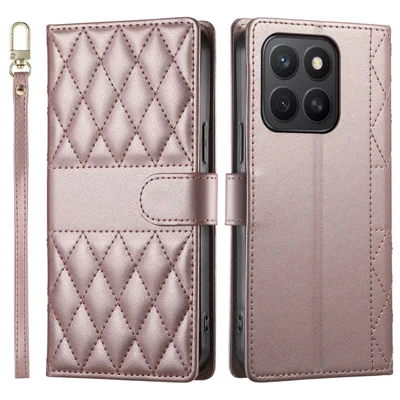 Voor Honor X8c 4G hoesje Ruitvormige Steekportemonnee Stand Lederen Telefoonhoes met Lange / Korte Band - Roségoud