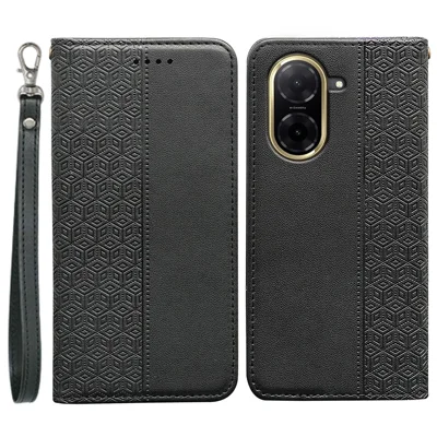 For Xiaomi Redmi A5 4G (171.7mm) / Poco C71 4G Wallet Phone Case Checkered Pattern Imprint Leather Flip Cover with Wrist Strap - Black