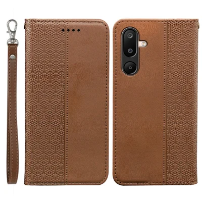 For Samsung Galaxy M16 5G / F16 5G Wallet Phone Case Checkered Pattern Imprint Leather Flip Cover with Wrist Strap - Brown